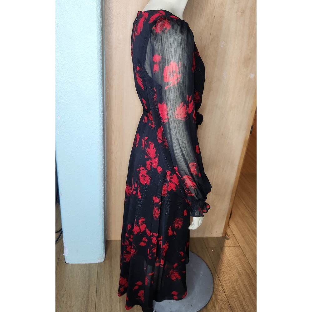 DKNY Black Red Floral Chiffon Wrap Dress V Neck Puff Sleeve Sz 6 Dark Romantic - Picture 3 of 11